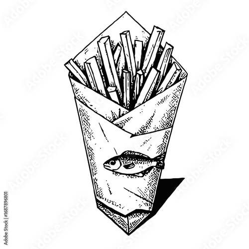 Vector art of handdrawn illustration of fish and chips in a paper cone