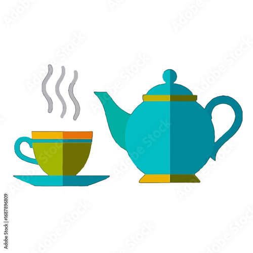 Vector art of a flat design illustration of a teal teapot and a colorful cup of tea with steam, isolated on a