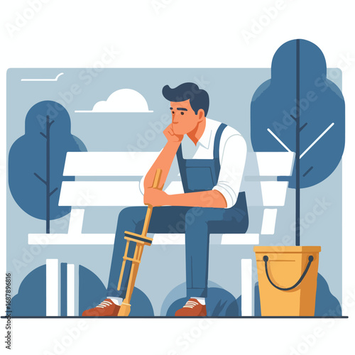 The janitor is taking a short break sitting on a park bench with a simple and minimalist flat design using a white background.
