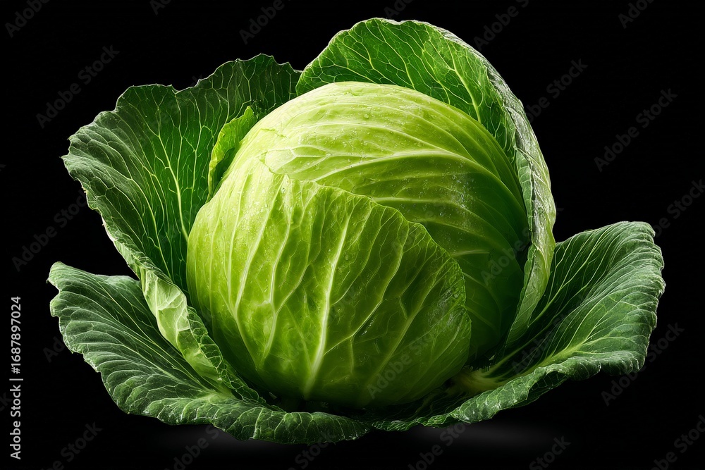 Obraz premium Fresh green cabbage highlighted against a dark background showcasing its vibrant leaves and round shape