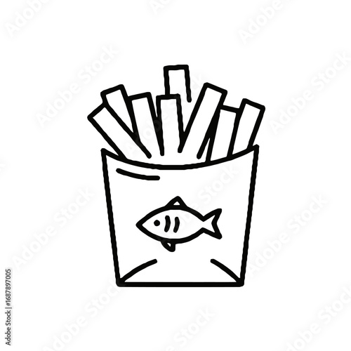 Vector art of simple line art icon of a box of french fries with a fish logo, isolated on a