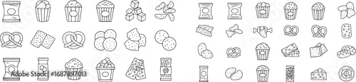 Outline Icon Set of Snack Foods in Grid Style Including Potato Chips, Popcorn, Pretzels, Crackers, Cheese Cubes, Granola Bar and Trail Mix