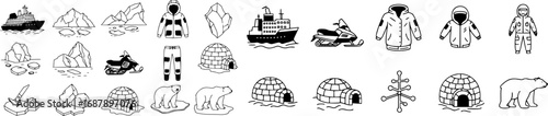 Outline Icon Set of Arctic Exploration Symbols Including Icebreaker Ship, Snowmobile, Thermal Suit, Igloo, Polar Bear and Adventure Equipment