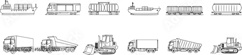 Outline Icon Set of Heavy Transport Modes Including Cargo Ship, Freight Train, Semi-Truck, Flatbed Truck and Bulldozer