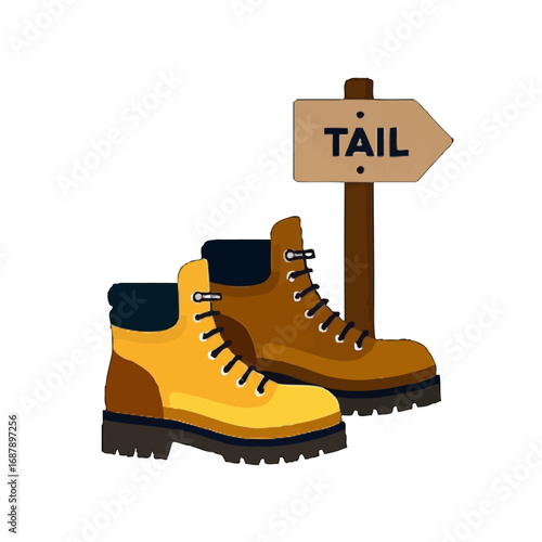 Vector art of pair of hiking boots with a directional sign pointing to the right with the word tail on it