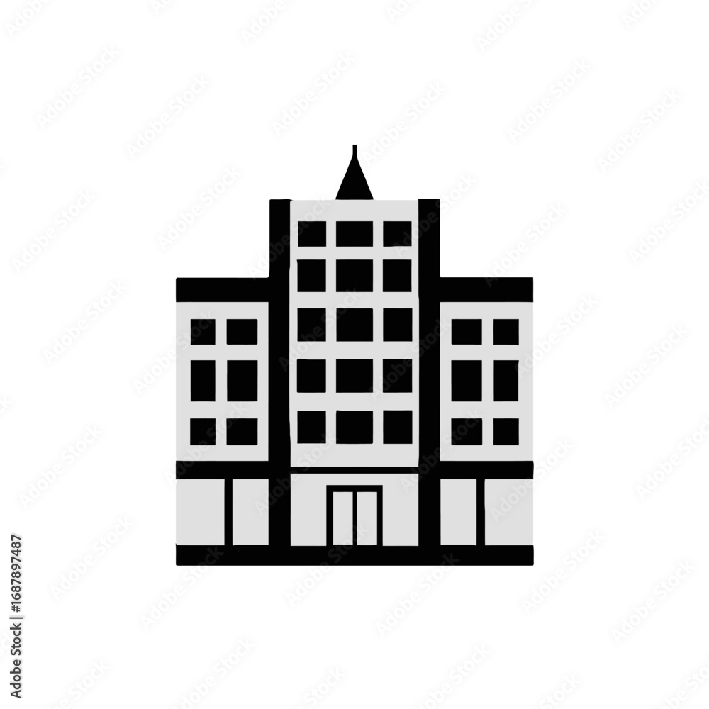 Obraz premium Vector art of simple black and white icon of a modern building with multiple windows and a small spire on top