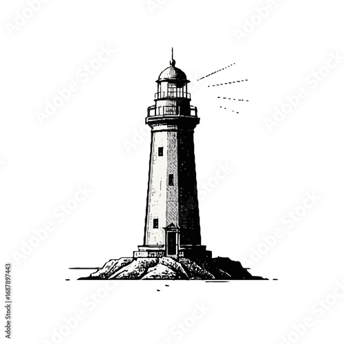 Vector art of a classic lighthouse stands tall on a rocky island, emitting beams of light against a neutral background, evoking a sense of guidance and maritime safety