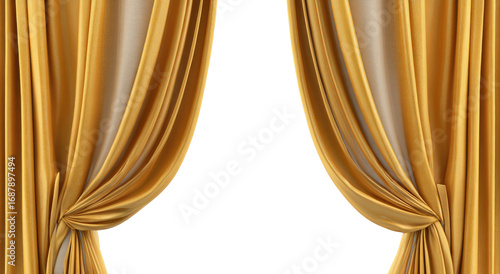 Golden theater curtains open, revealing black void