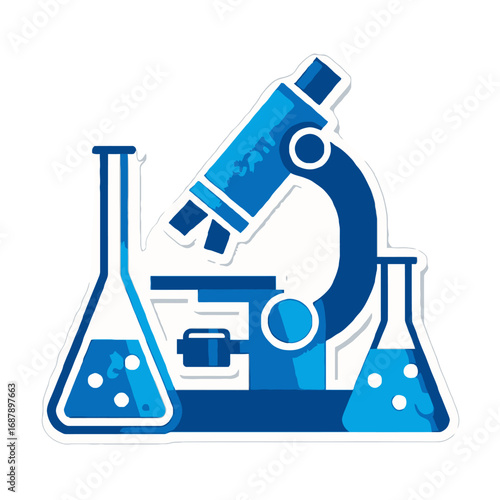 Vector art of blue laboratory microscope with two erlenmeyer flasks containing blue liquid and bubbles