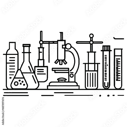 Vector art of scientific laboratory equipment illustration, including a microscope, beakers, flasks, and test tubes