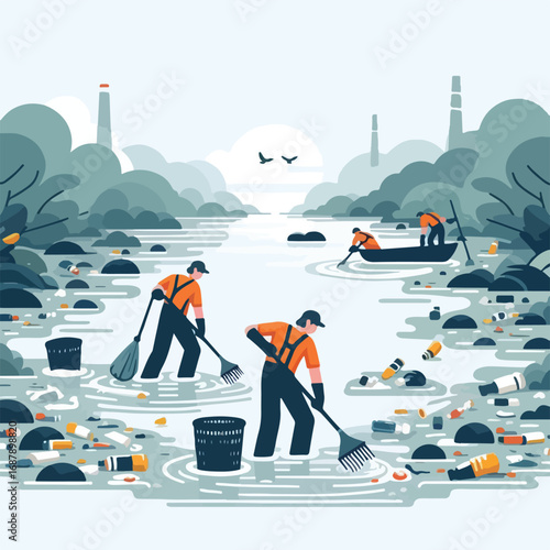 Cleaning staff clean up trash in the river with a simple and minimalist flat design using a white background.