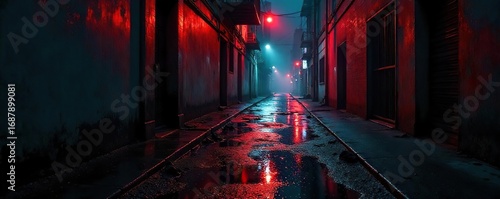 Rain slicked city street at night, a single red light reflecting on a pool of dark liquid, abandoned alleyway, urban decay, ominous shadow , horror, streetlight