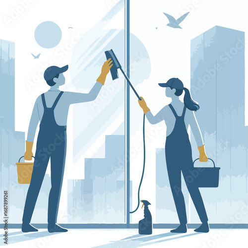 A cleaning officer is wiping the window glass of a building with a simple and minimalist flat design using a white background.