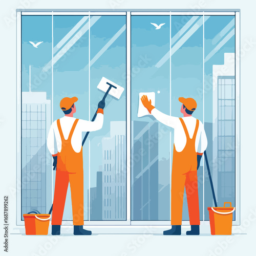 A cleaning officer is wiping the window glass of a building with a simple and minimalist flat design using a white background.