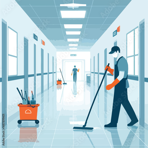 A cleaning staff mops a hospital corridor with a simple and minimalist flat design using a white background.