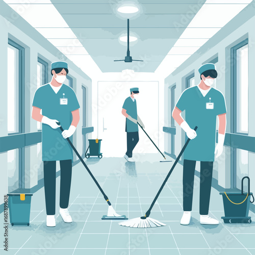 A cleaning staff mops a hospital corridor with a simple and minimalist flat design using a white background.