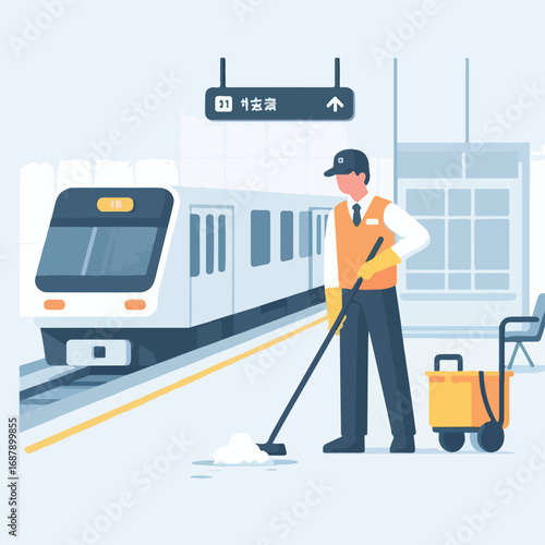 A cleaning officer cleans the train station area with a simple and minimalist flat design using a white background.