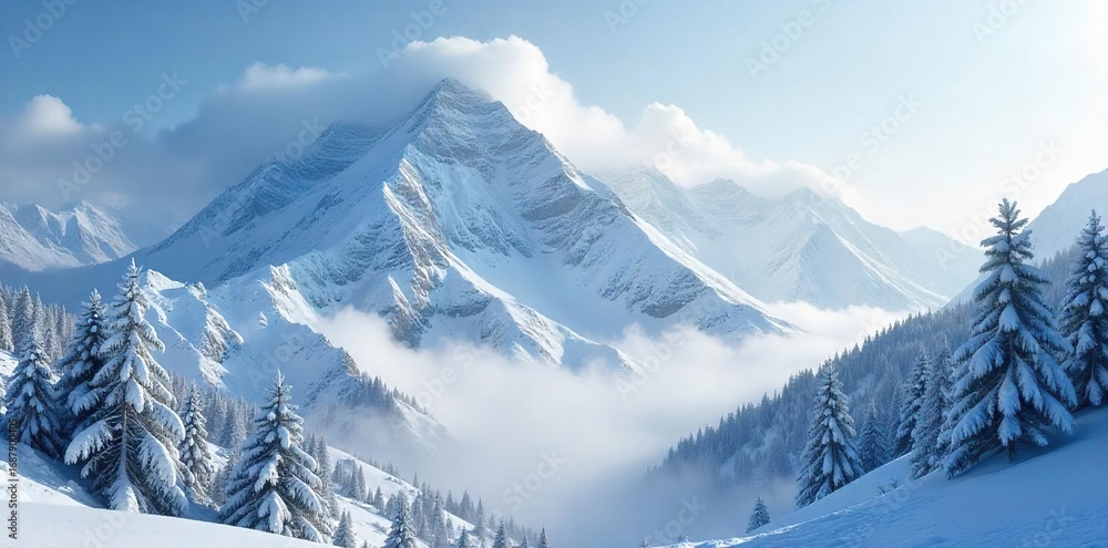 Obraz premium Majestic snow-covered mountain range engulfed in a fierce blizzard, swirling snow obscures the peaks, creating a dramatic winter wonderland scene , nature, clouds