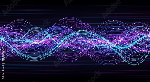 Abstract Digital Data Flow with Glowing Blue and Purple Wavy Lines and Connected Particles