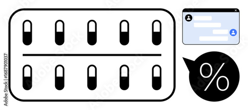 Medicine blister pack, chat window with messages, and percentage symbol in bubble. Ideal for healthcare, communication, telemedicine, medical discount, consultation, pharmacy simple landing page