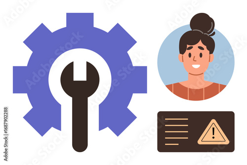 Gear and wrench for settings, woman portrait for user, alert card for caution. Ideal for user support, troubleshooting, technical maintenance, error notifications, system settings, customer service
