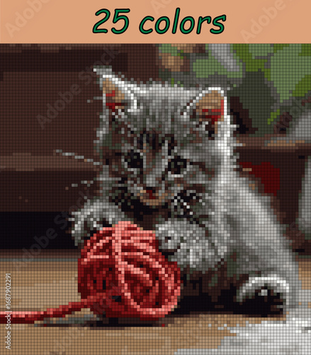 Realistic kitten. Pixel art vector 100x100 for paint by numbers – color grid illustration with clean, smooth squares and overlaid grid, fully editable, scalable vector for digital or print use.
