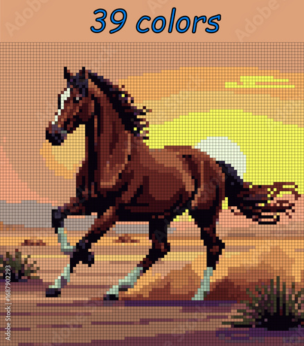 Horse at sunset. Pixel art vector 100x100 for paint by numbers – color grid illustration with clean, smooth squares and overlaid grid, fully editable, scalable vector for digital or print use.