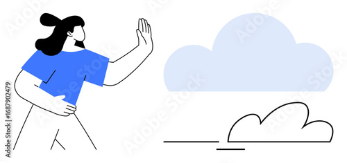 Woman raising hand towards a cloud shape, emphasizing simplicity and action. Ideal for creativity, innovation, technology, imagination, aspirations, communication connection. Simple flat metaphor