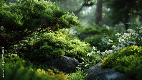 Serene Landscape: Lush Greenery and Tranquil Blooms in a Forest Glade