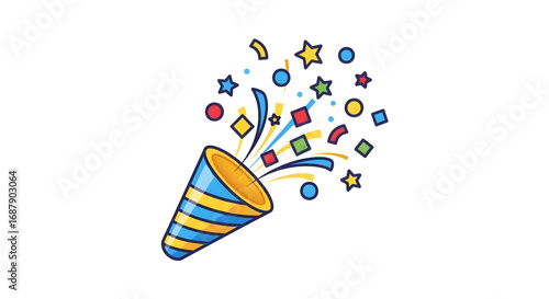 Confetti Popper with Blue Stripes and Colorful Stars | Party Celebration Illustration for Birthday Invitations and Festive Event Designs