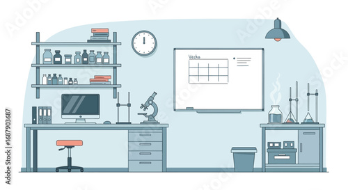 Illustrated laboratory scene with equipment, a computer, and shelves filled with scientific supplies.