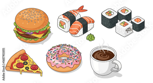 Isometric illustration of various popular fast food and drinks.