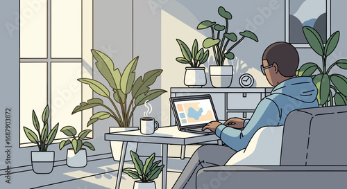 Man works remotely from home, surrounded by plants and sunlight.