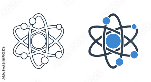 Atomic model icons: outlined and filled versions, showing electrons orbiting a nucleus.