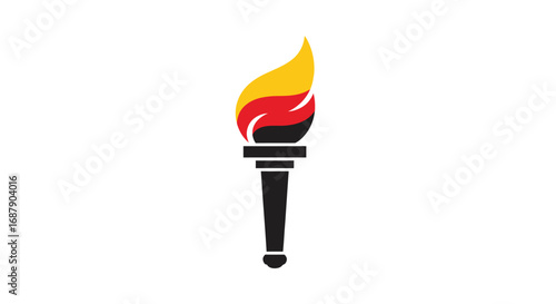 Simple graphic design of a torch with vibrant flame and German flag colors.