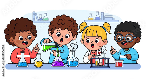 Diverse children excitedly conduct a science experiment in a brightly colored laboratory setting.