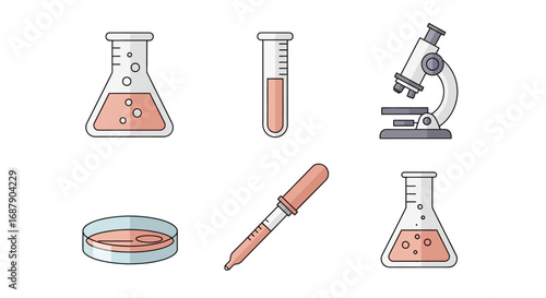 Collection of simple line art scientific lab equipment.