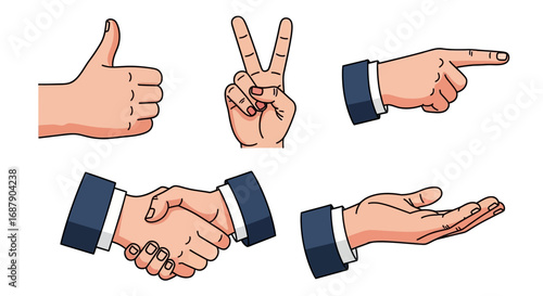 Cartoon illustration of various hand gestures, including thumbs up, peace sign, pointing, handshake, and open palm.