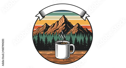 Retro graphic design of mountains, forest, and a steaming coffee cup, set within a circular frame.