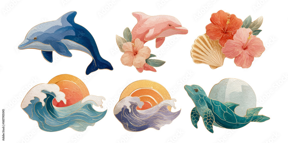 Naklejka premium Artistic Illustration of Dolphins, Turtles, and Tropical Flowers in Ocean Style