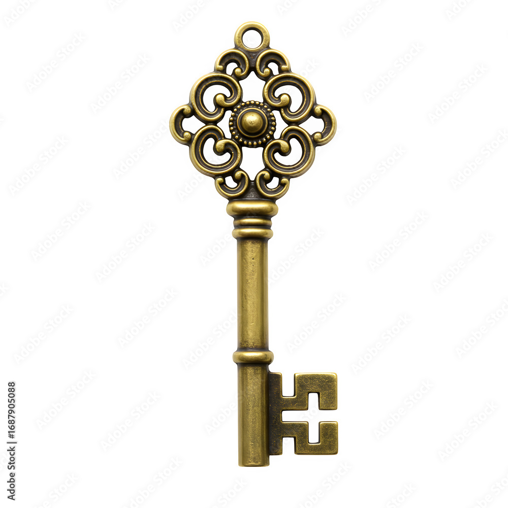 Obraz premium Ornate antique key, isolated on white or transparent background. PNG