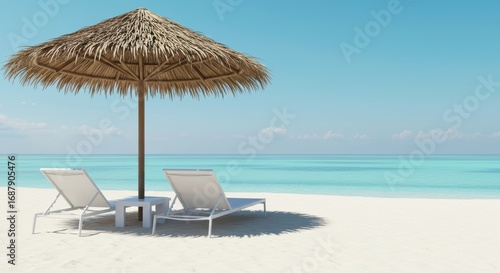 Wallpaper Mural Tropical beach paradise with turquoise ocean water and white sand featuring sunbeds and a straw umbrella for ultimate relaxation Torontodigital.ca