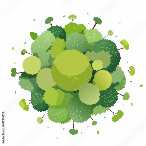 Abstract Aerial View of Green Tree Canopy, Isolated on White Background, Ideal for Landscape Planning and Architectural Layouts, Garden Elements, and Environmental Design.