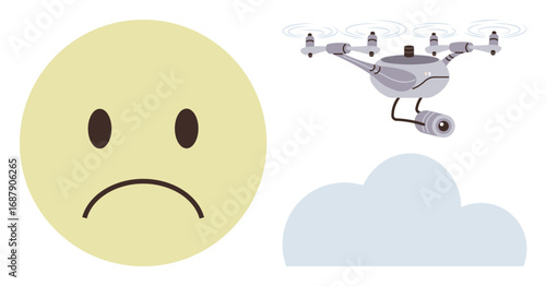 Sad face emoticon paired with a surveillance Quadcopter hovering over a cloud. Ideal for privacy concerns, surveillance trends, data security, emotional impact, technological ethics, anonymity, simple