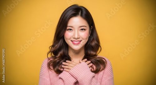 A smiling woman with brown hair and pink sweater poses in front of a yellow background Her hands are crossed over her chest