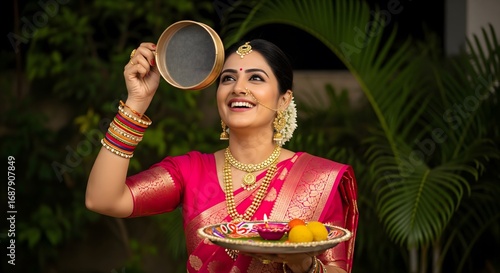 Beautiful Indian woman in traditional attire celebrating Karwa Chauth with decorated pooja thali, colorful bangles, jewelry, and sieve, symbolizing devotion, fasting, and festive rituals