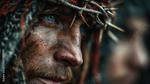 A Dramatic Close-Up Portrait of a Person with a Crown of Thorns
