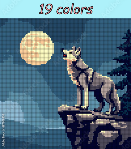 Wolf howls at the moon. Pixel art vector 100x100 for paint by numbers – color grid illustration with clean, smooth squares and overlaid grid, fully editable, scalable vector for digital or print use.