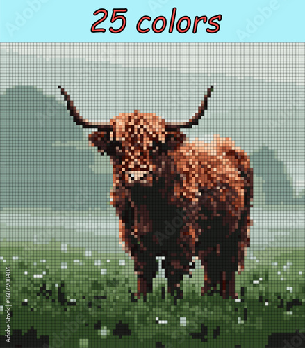 Ox. Pixel art vector 100x100 for paint by numbers – color grid illustration with clean, smooth squares and overlaid grid, fully editable, scalable vector for digital or print use.