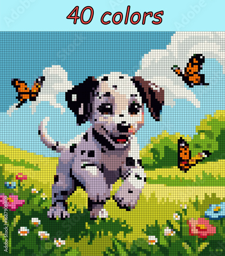 Cartoon Dalmatian. Pixel art vector 100x100 for paint by numbers – color grid illustration with clean, smooth squares and overlaid grid, fully editable, scalable vector for digital or print use.